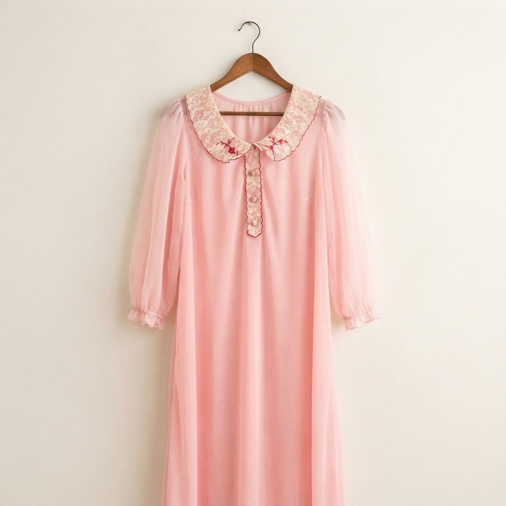 Joan Starr Coquette Cottagecore Nightgown Medium Pink Lace Vintage